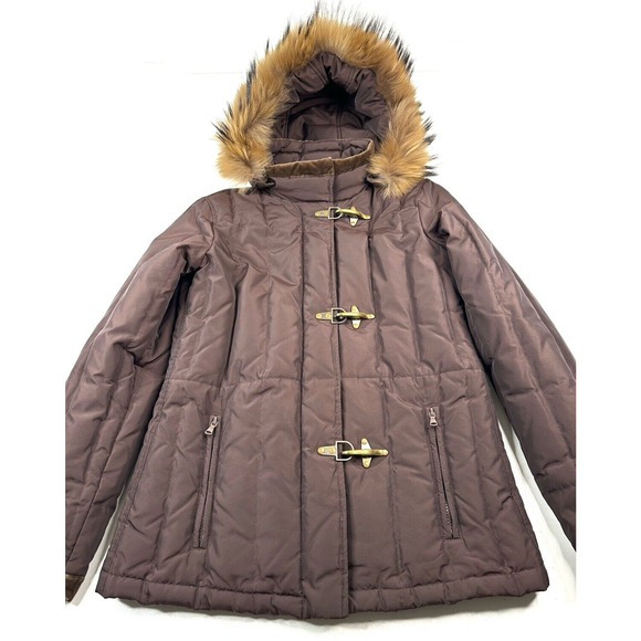 Dana Buchman Brown Down Filled Puffer Jacket Genuine Fur Lined Hooded Size Small - Picture 3 of 15